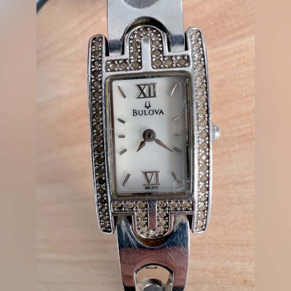 BULOVA Watch Cubic Zirconia Quartz Mother of Pearl Face Stainless A8 Bracelet